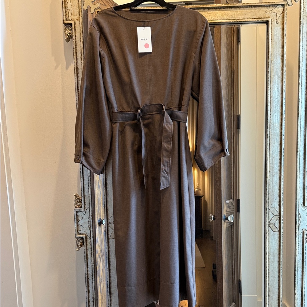 Soeur Linen-Blend Belted Midi Dress in Brown